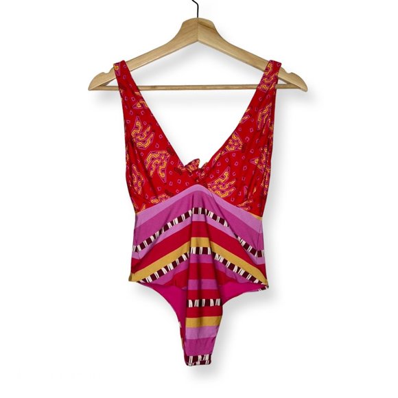 Farm Rio Red Tiki Bananas Lucy Stripe One Piece Swimsuit S M Mix Print Tie Front - Picture 6 of 6